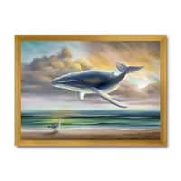 אמנות עיצוב 'לווייתן צף בשמיים מעל החוף' הדפס אמנות ממוסגר לילדים