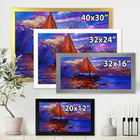עיצוב אמנות 'ספינת מפרש אדומה בשקיעה סגולה באוקיינוס הכחול' הדפס אמנות ממוסגר ימי וחופי