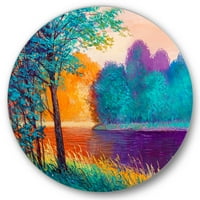 עיצוב 'עצים צבעוניים במהלך דמדומים לאורך נהר' אמנות קיר מתכת מעגל מסורתי - דיסק של 11