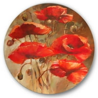 עיצוב 'פרחים פרחים אדומים מעל פרחים מעל חום פראי II' אמנות קיר מתכת מעגל מסורתית - דיסק של 23