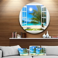 עיצוב חלון 'חלון פתוח לחוף עם כף היד' אמנות קיר מעגל מתכת גדולה במיוחד של חוף הים