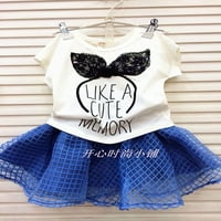 ייחודי בנות חצאית סט תחרה בגימור עיצוב חולצה & כפול שכבות רשת חצאית, כחול, 4