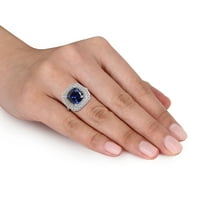Miabella's Carat T.G.W. חתך כרית שנוצר ספיר כחול וחתך עגול שנוצר ספיר לבן סטרלינג כסף טבעת קוקטייל הילה
