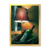 עיצוב 'מנורה זוהרת כתומה בלילה ובקבוקי היין הדפס אמנות ממוסגר מודרני