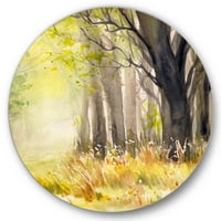 עיצוב שמש בהירה דרך עצי היער הצהוב II אמנות קיר מתכת מעגל מסורתית - דיסק של 11