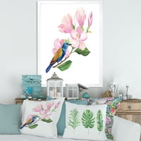 עיצוב אמנות 'ציפור כחולה יושבת על מגנוליה ורודה' הדפס אמנות ממוסגר מסורתי