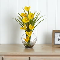 כמעט טבעי 15.5 אינץ '. סידור פרחים מלאכותי של Calla ועשב דשא באגרטל, צהוב