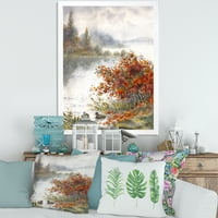 עיצוב אמנות 'נוף לאגם בסתיו צבעוני' הדפס אמנות ממוסגר מסורתי