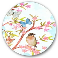 אמנות עיצוב 'ציפור חכמה יושבת על ענף של עץ אביב עם פרפרים' אמנות קיר מתכת מעגל מסורתית-דיסק של 36