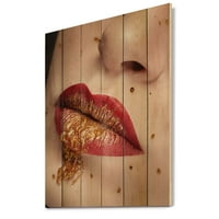 עיצוב אמנות 'סגור שפתיים עם איפור זהב ואדום' הדפס מודרני על עץ אורן טבעי
